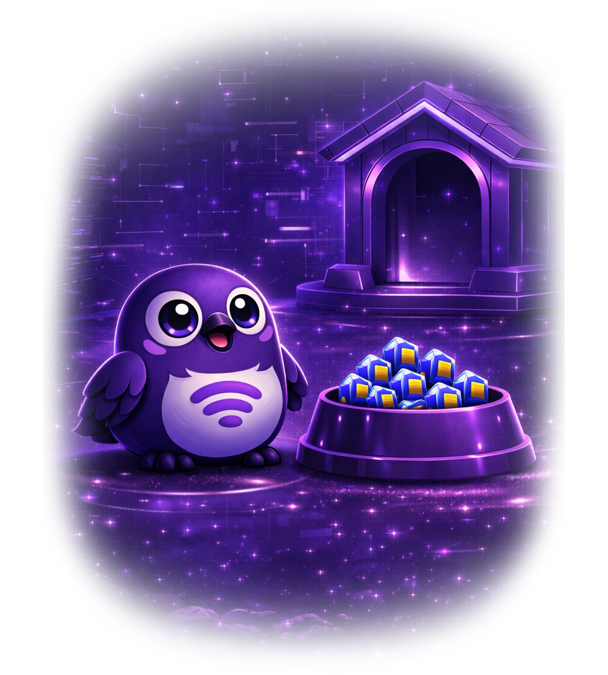 Bappy purple bird mascot - eSIM Reseller API with data bowl and cosmic doghouse